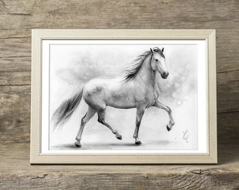 Horse art PRINT, Galloping White Mare Pencil Drawing Print, GICLEE PRINT, Black and White Home Decor, Horse Wall Art, Hyperrealism