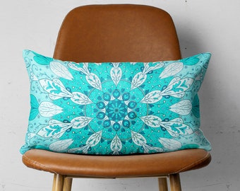 Aqua Mandala Pillow Case | Rectangle Pillow Cover | Vivid Blue Zen Home Decor | Blue Hippie Outdoor Throw Pillow