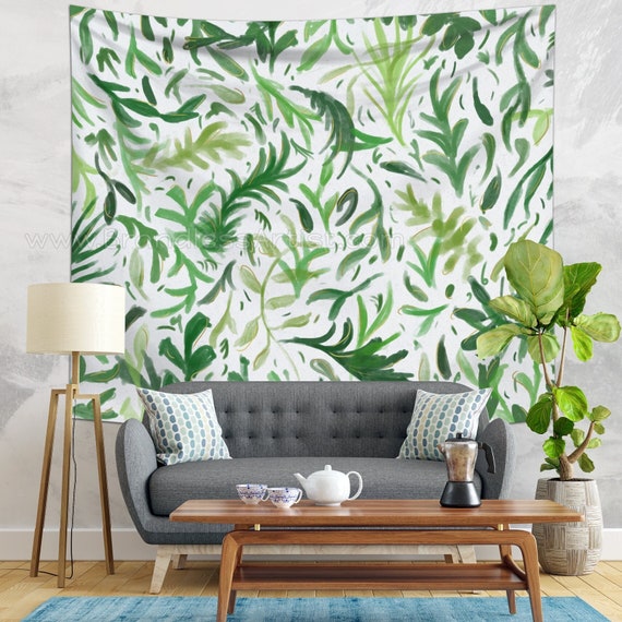 Green Tapestry Nature Tapestry Aesthetic Dorm Decor Botanical Wall Art Botanical Tapestry of Watercolor Leaves Etsy Canada