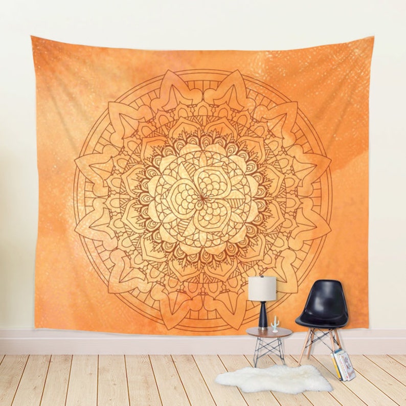 Orange Mandala Tapestry Watercolor Tapestry Orange Wall Etsy