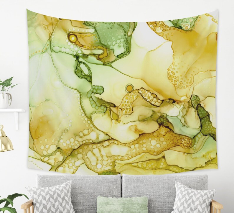 Abstract Tapestry Wall Hanging Boho King Size Yellow And Green Contemporary Living Room Or Bedroom Decor