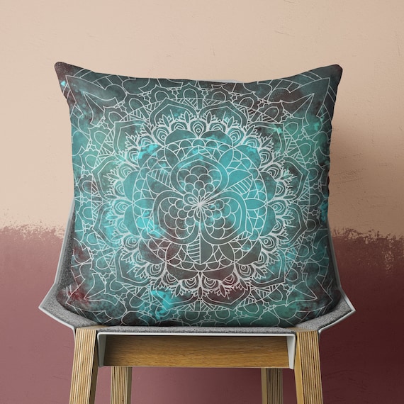 Rustic Pillow In Square Shape Cyan Brown Bedroom Decor Spiritual Zen Throw Pillow Mandala Pillow For Sofas