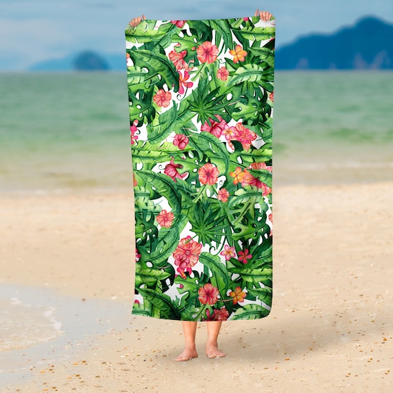 Beach Towel With Tropical Pattern Green Huge Beach Towel Botanical Beach Towel Floral Beach Towel Etsy