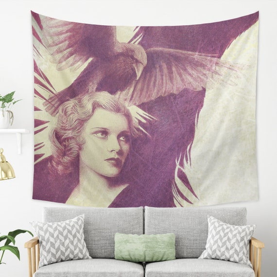 Purple Tapestry in Vintage Style Large Wall Decor Bohemian Tapestry Woman and Raven Portrait Wall Hanging Etsy