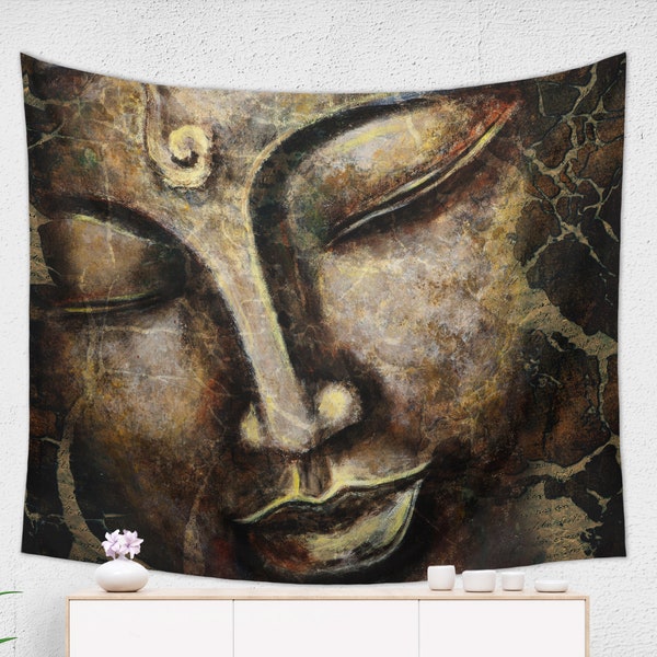 Brown Buddha Tapestry | Buddha Wall Art Zen Bedroom Decor | Sacred Design Meditation Room Decor | Meditation Wall Art of Harmony