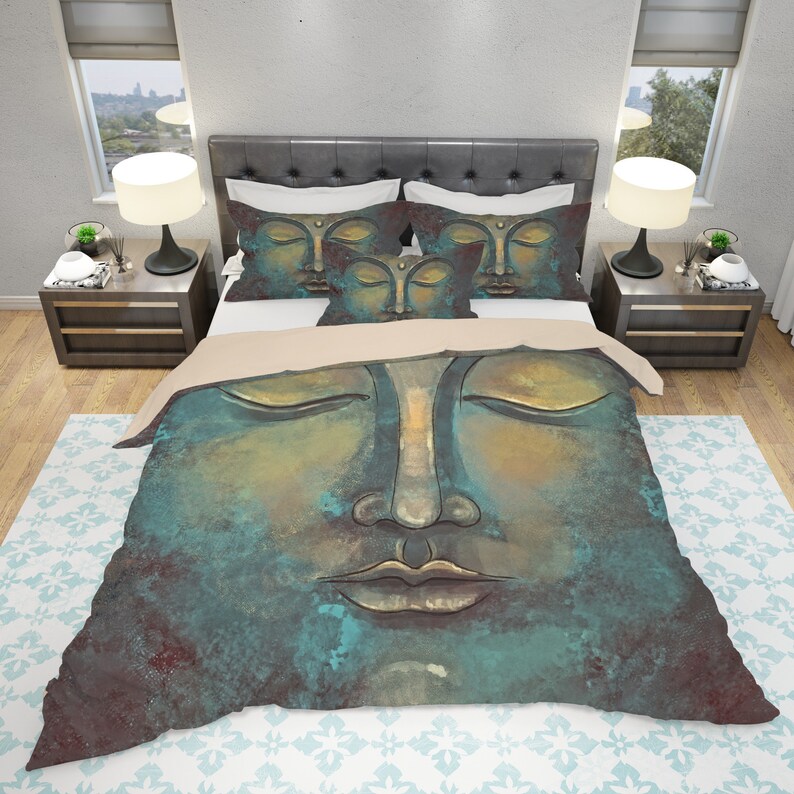 Rustic Bedding Or Duvet Cover Set Green Gold Buddha Image 0