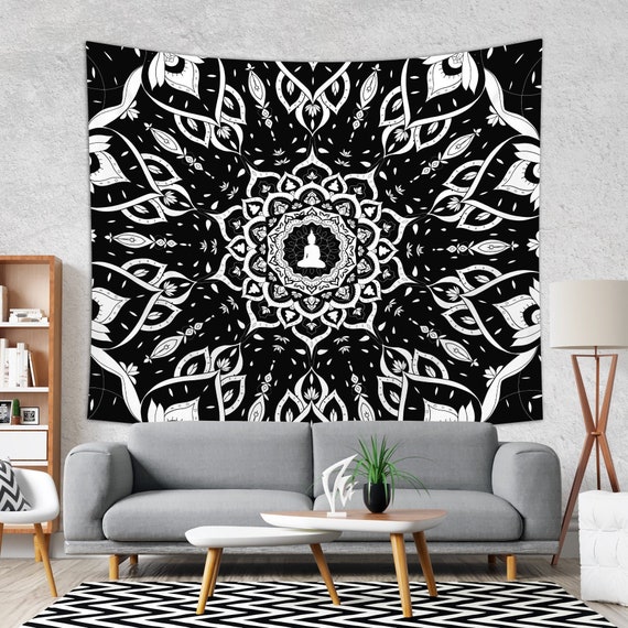 Black and White Mandala Tapestry Modern Wall Tapestry Large Fabric Wall Decor Black and White Wall Hanging Etsy