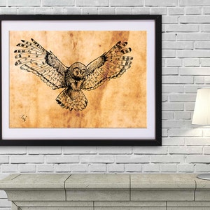 Owl drawing art PRINT, animal ink drawing on old paper, GICLEE PRINT, flying owl poster, owl wings illustration print, wild bird poster
