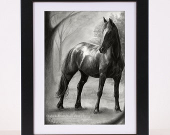 Horse Print Wall Art | Horse Drawing Poster | Black and White Horse Art Print Large Wall Decor | Photorealistic Pencil Drawing of Horses