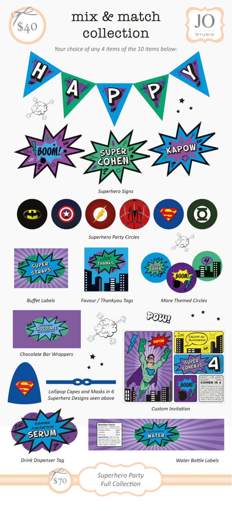 Mix and Match Collection for a Superhero Party / Choose any 4 Etsy