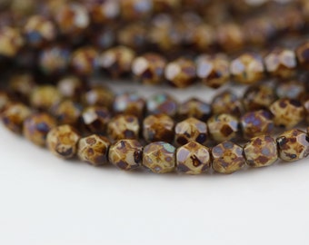 50 Opaque Beige-Picasso, 4mm Czech fire-polished glass faceted round (FP-4M-85)