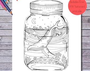 Coloring Page Printable + Free Note Card, Instant Digital PDF download, Hand Illustrated Coloring Sheets