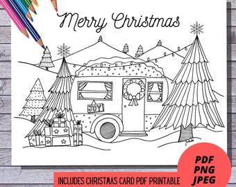 Printable Coloring Page | Instant Download| | PDF, PNG and JPEG | Christmas Camper | Christmas Card | Adult coloring