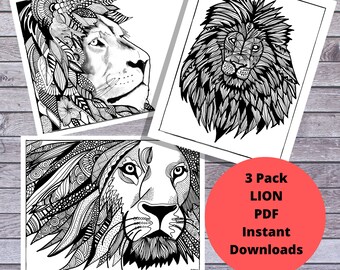 Lion Coloring Pages: Detailed Illustrations, 3 Pack (PDF Download)