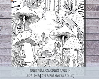 Woodland Wonderland, page de coloriage de forêt de champignons imprimable, illustrée à la main, téléchargement immédiat, impression et couleur à la maison | Cadeau de bricolage parfait