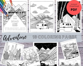 Pages de coloriage voyage et aventure | Paquet PDF de 18 pages | Téléchargements instantanés à imprimer et à colorier à la maison