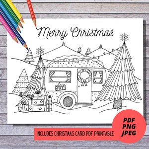 Pagina da colorare stampabile / Download istantaneo / / PDF, PNG e JPEG / Camper di Natale / Cartolina di Natale / Colorazione per adulti