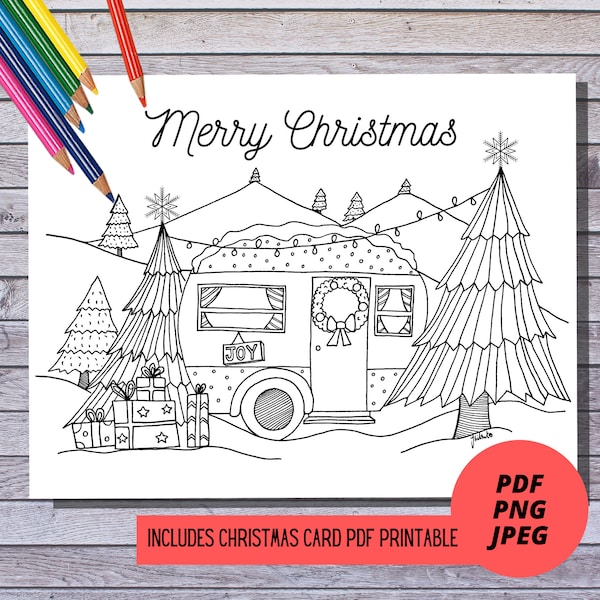 Printable Coloring Page | Instant Download| | PDF, PNG and JPEG | Christmas Camper | Christmas Card | Adult coloring