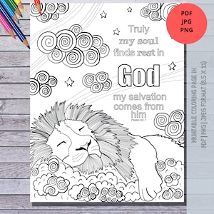 Può includere: Pagina da colorare in bianco e nero con un leone che dorme sulle nuvole con il testo "Truly my soul finds rest in God my salvation comes from him Psalm 62:1".