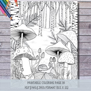 Woodland Wonderland, Printable Mushroom Forest Coloring Page,  Hand Illustrated, Instant Download, Print & Color at home | Perfect DIY Gift