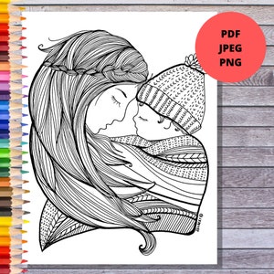 Mother & Child Coloring Pages | Mother&#39;s Day Printable | Instant Download PDF, JPEG and PNG with transparent background