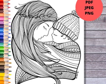 Mutter und Kind Malvorlage: Handgezeichnete Kunst (PDF, JPEG, PNG)
