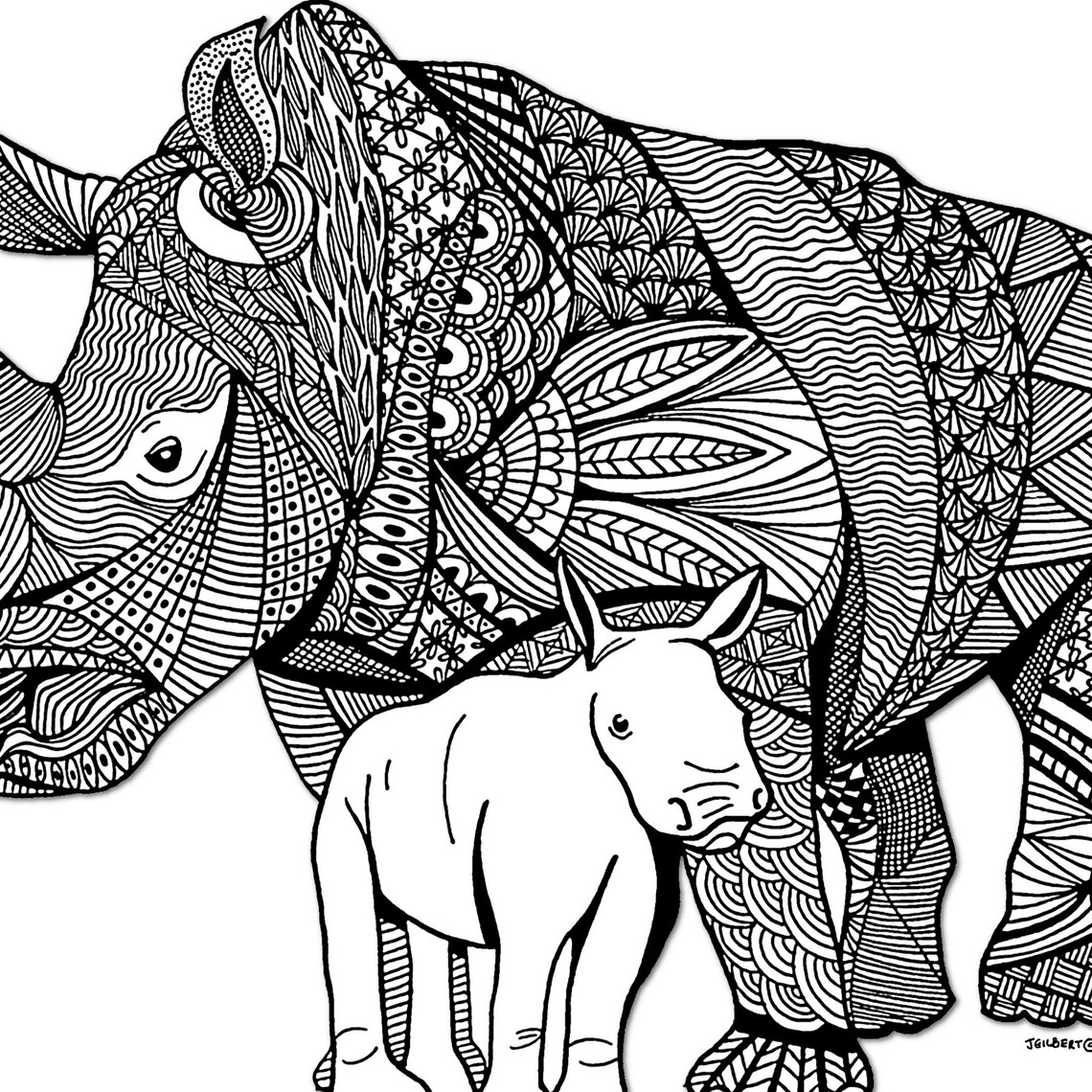Printable Coloring Page Rhino Printable Illustration - Etsy
