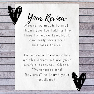 May include: A white card with black text and hearts on a wood background. The text reads "Your Review" and explains how to leave a review on Etsy.