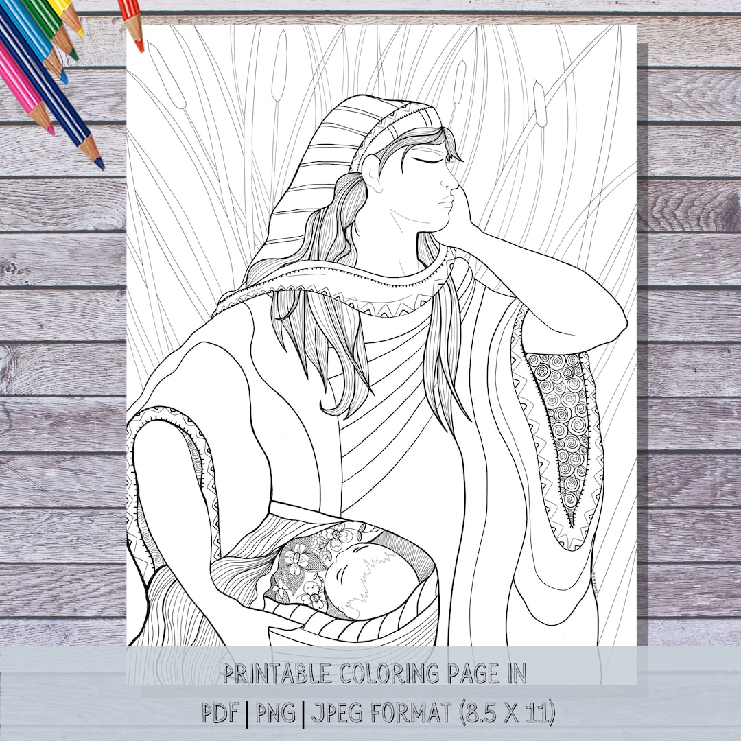 Baby Moses, Bible, Printable Coloring Page, Hand Drawn, Instant ...