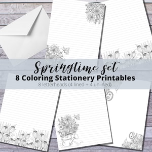 Papelería imprimible Primavera / Páginas para colorear / Descargas digitales / Descarga instantánea 8 imágenes PDF / Juego de escritura de letras / 8.5 x 11 y A4