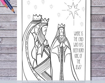 Three Wise Men, Printable Christmas Coloring Page,  Hand Illustrated, Instant Download, Print & Color at home, Matthew 2