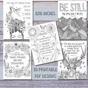 May include: Ten printable colouring pages featuring inspirational quotes and floral designs. Each page is 8 inches by 6 inches.