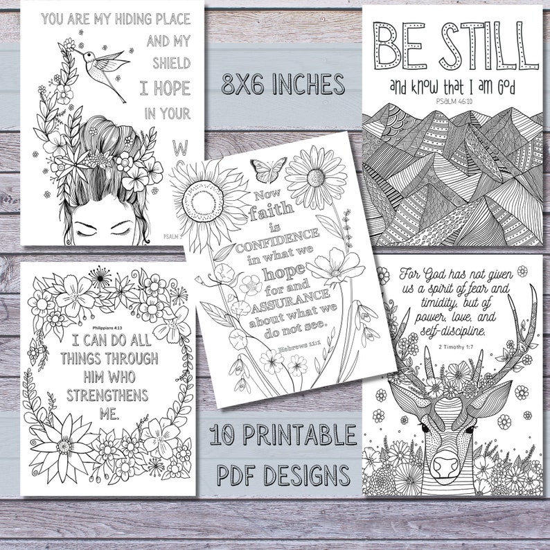 May include: Ten printable colouring pages featuring inspirational quotes and floral designs. Each page is 8 inches by 6 inches.