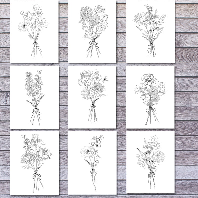 May include: Set of nine printable line art floral bouquets. Each bouquet features a different combination of flowers, including roses, daisies, lilies, and irises. The bouquets are tied with a ribbon at the bottom.