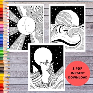 Coloring Pages | Digital Prints | Wall Art | Instant Download PDFs | Night Sky | Fox, Moon, Sun, Stars