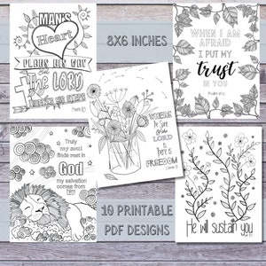 May include: Ten printable colouring pages featuring inspirational quotes and bible verses. Each page is 8 inches by 6 inches and includes a variety of designs, including flowers, a lion, and clouds.