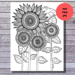 Printable Coloring Page | Sunflower | Floral Spring Coloring Page | Instant Download PDF, JPEG & PNG
