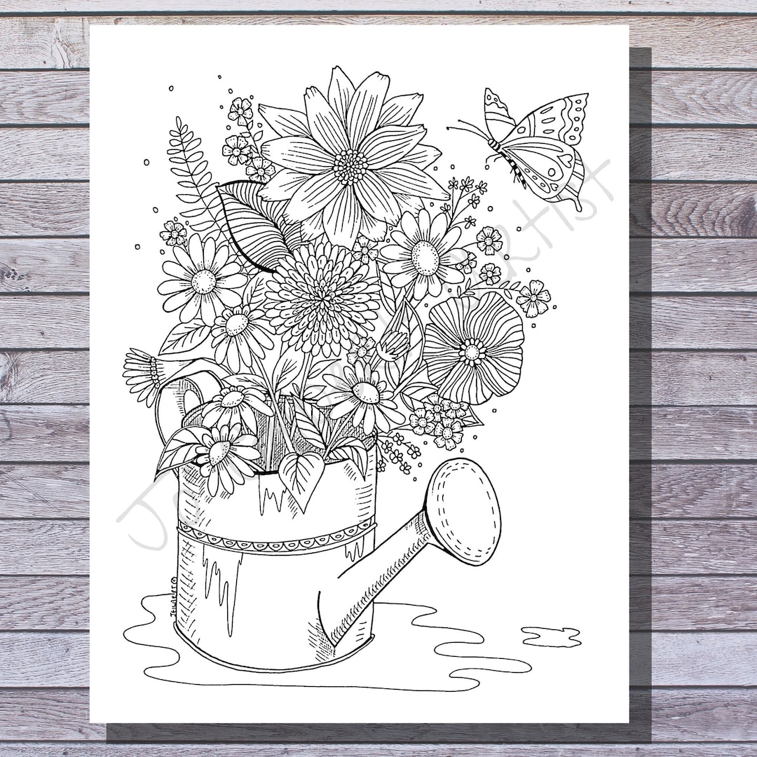 Printable Coloring Page | Flowers in a Watering Can | Floral Spring ...