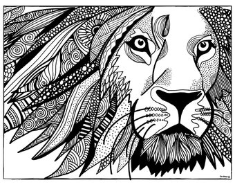 Printable Coloring Page, LION coloring page Printable PDF, Hand Drawn Lion Illustration,  Instant Download