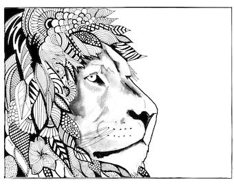 Lion Coloring Page |  Printable Adult Coloring Page | Art Print Download | PDF, PNG, JPEG Instant Download