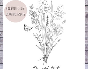 ADD ON TEXT / Butterflies / Bees etc. | Custom Birth Month Flower Bunch Sketch | Digital Download