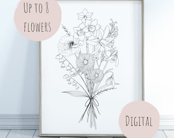 Custom Birth Month Flower Sketch: Personalized Floral Bouquet (Digital Download)