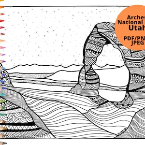 Druckbare Malseite | Utah Arches National Park | PDF, PNG, JPEG, Sofortiger digitaler Download | Malvorlage für Erwachsene | Handillustriert
