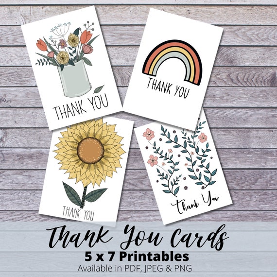 Printable Thank You Cards Set of 4 5x7 Notecard Download | Etsy