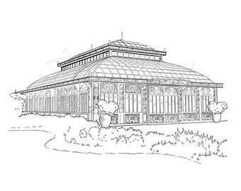 Pode incluir: Um desenho a preto e branco de uma estufa de vidro com um telhado de duas águas e detalhes ornamentados. A estufa é cercada por vegetação exuberante.