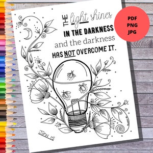 Bible Verse Coloring Page, Printable Instant Download, The Light Shines In the Darkness, John 1:5, Adult Coloring, Bible Study