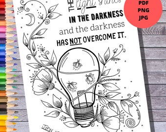 Bible Verse Coloring Page, Printable Instant Download, The Light Shines In the Darkness, John 1:5, Adult Coloring, Bible Study