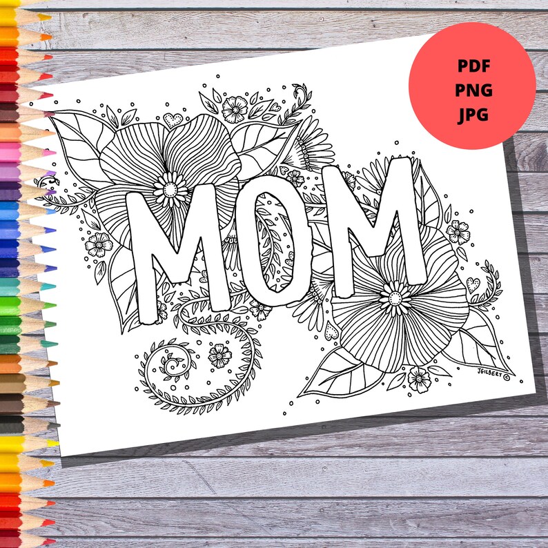 K&ouml;nnte beinhalten: Eine Schwarzwei&szlig;-Malvorlage mit dem Wort "MOM" umgeben von filigranen floralen Designs. Das Design beinhaltet Bl&auml;tter, Blumen und Spiralen.