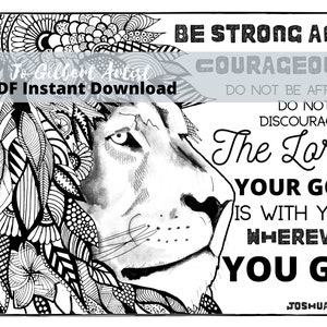 Bible Verse Coloring Page, PDF Download, Be Strong, Courage, Joshua, Christian art digital download