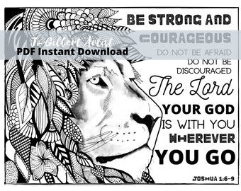 Bible Verse Coloring Page, PDF Download, Be Strong, Courage, Joshua, Christian art digital download